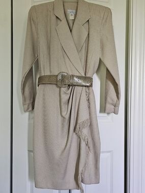 EXPO Dress Beige Houndstooth Draped Blazer Style with Belt and Fringe